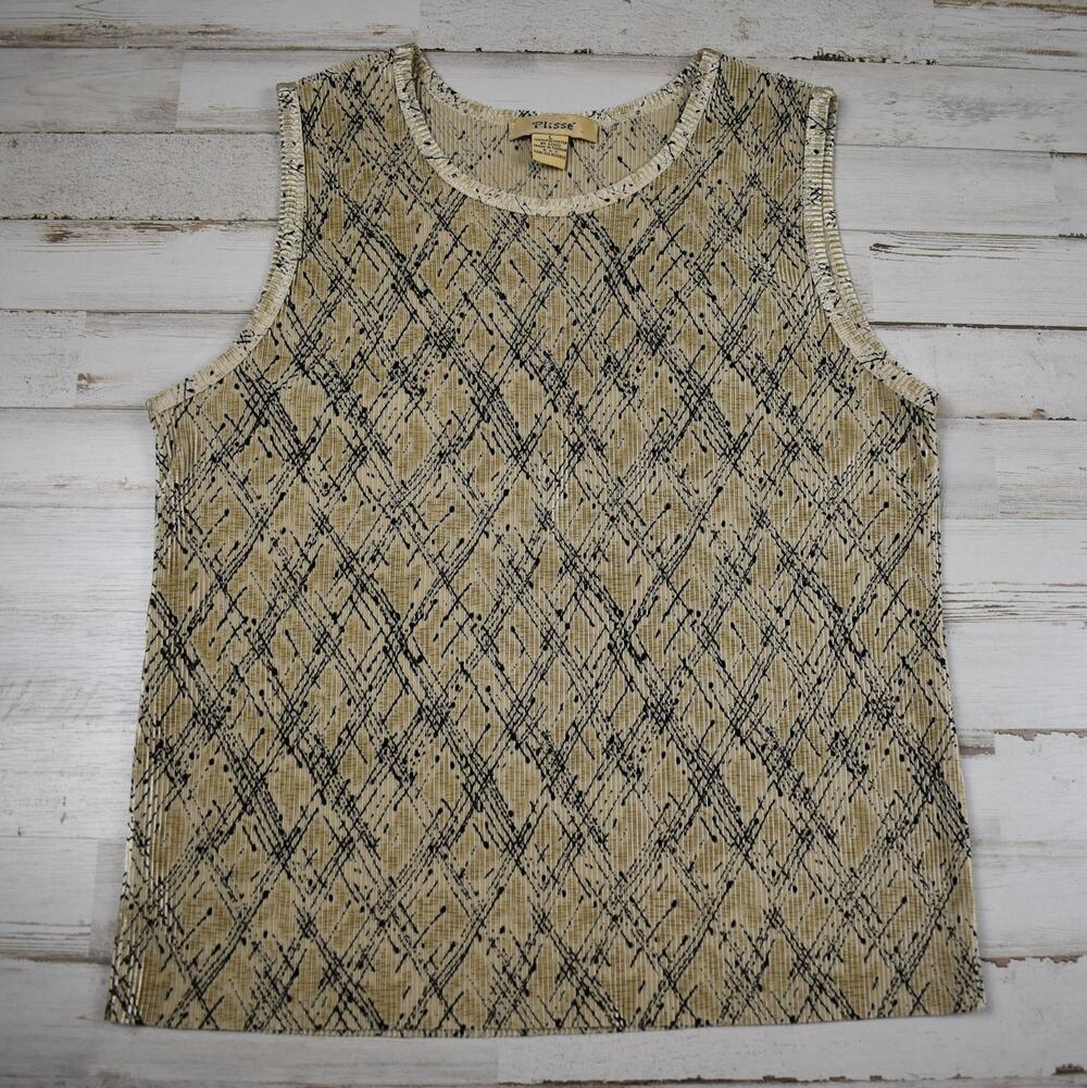 Vintage Plisse Pleated Tank Top Women's Large Abstract Beige Sleeveless Shirt L